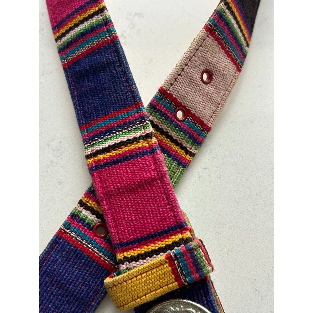 Kids Multicolor Striped Handwoven Textile Leather Belt Silver‎ Floral Buckle L